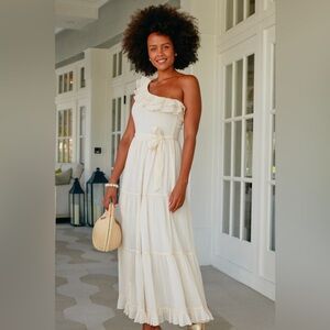 NWT Cabana Life Ivory Gold Metallic One Shoulder Maxi Dress Size Large